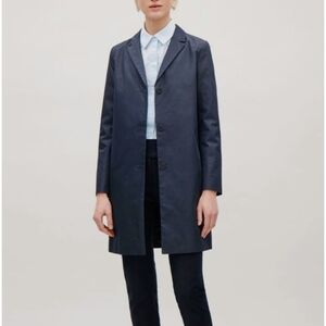 COS Women's Navy Long Jacket Coat Sz S / 36 EU Overcoat Zip Cotton Minimalist